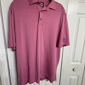 Footjoy men’s large golf shirt, light pink with small blue strips.